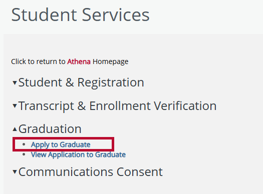 Graduation heading expanded, showing the Apply to Graduate link.